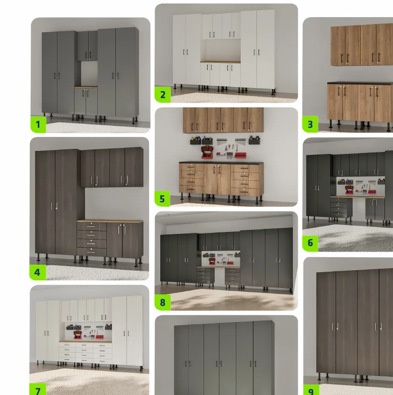 Illustrative manufacturer rendering of coordinated garage cabinet configurations
