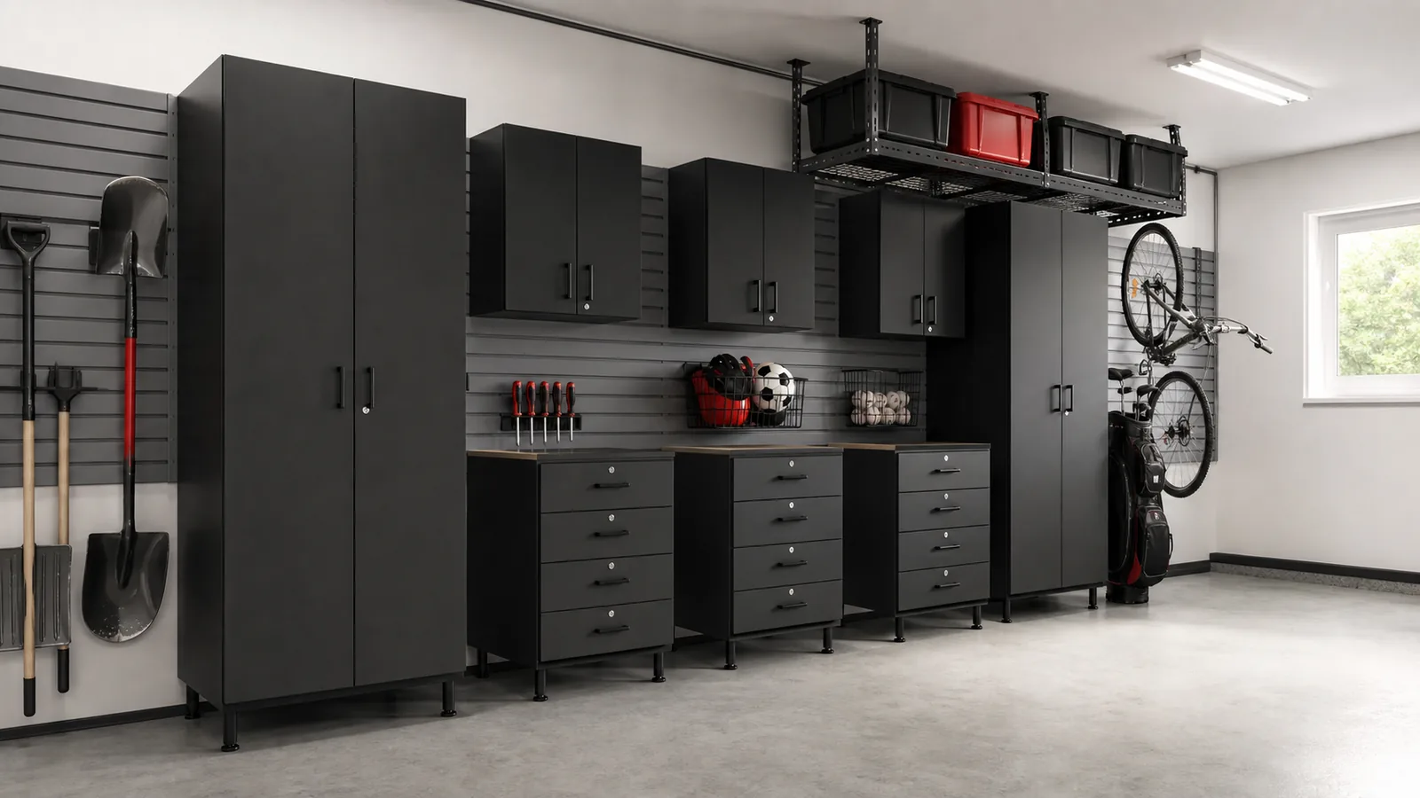 Garage cabinet, slatwall, and overhead-storage design inspiration